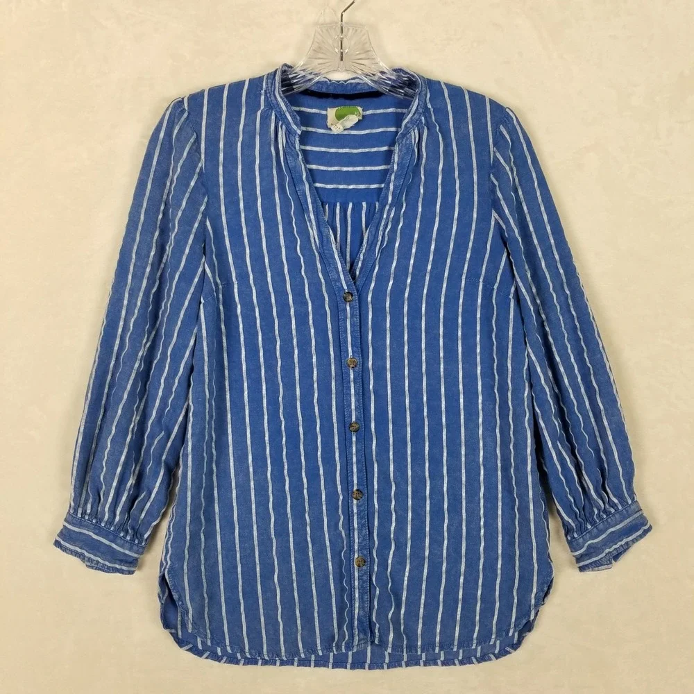 Anthropologie Striped Blouse Womens Size 2 Blue Linen Blend Puff Sleeve V-Neck